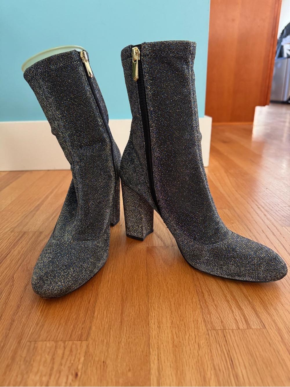 Sam Edelman Black Sparkle Ankle Booties with Gold Zippers